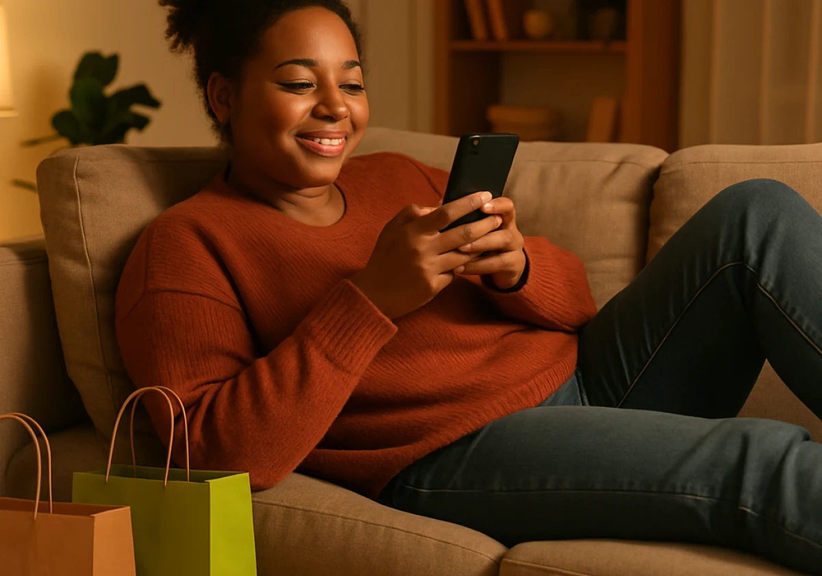 Person lounging on a couch while scrolling through a mobile phone