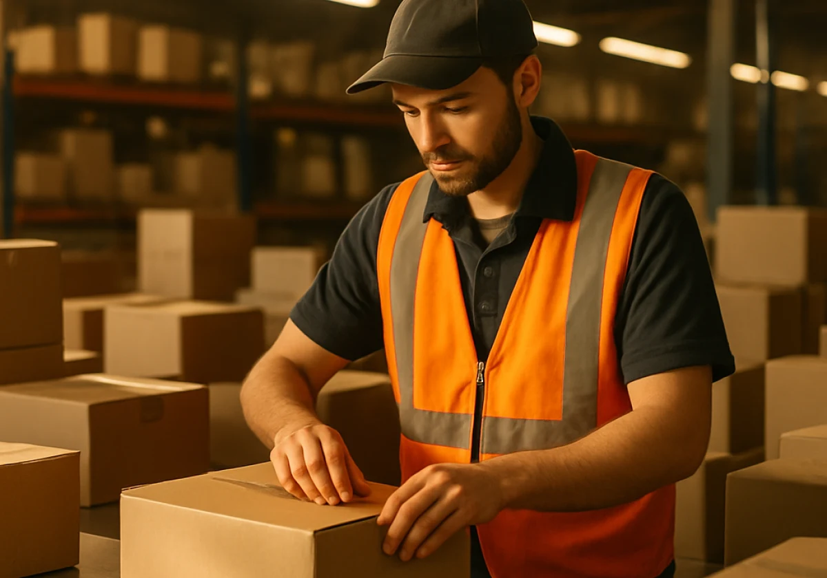 Warehouse worker at a metal packing station surrounded by boxes