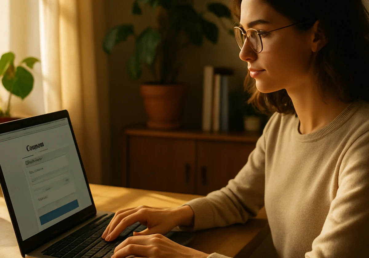 Woman at a home office desk in afternoon sunlight